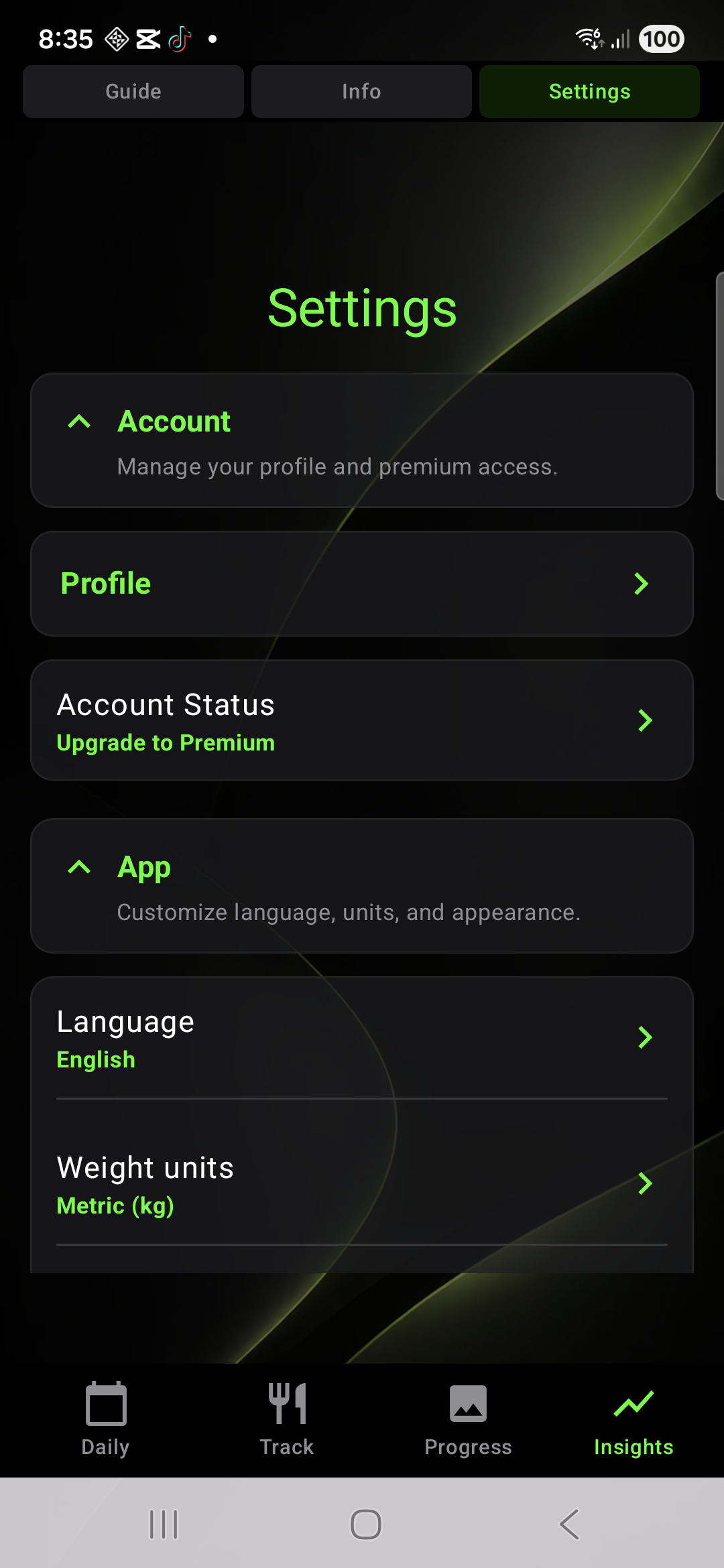 Knwit Weight settings workspace