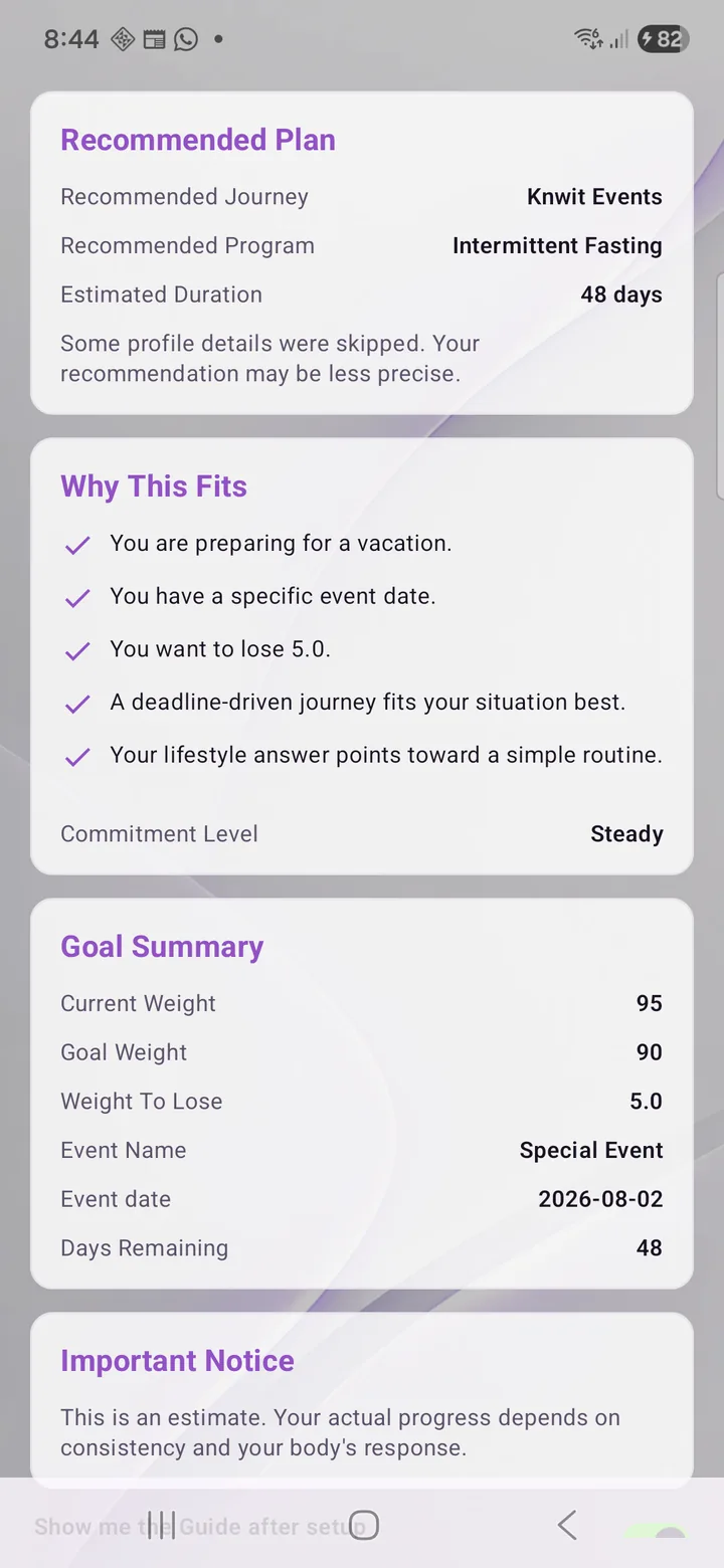 Knwit Help Me Choose result recommending Knwit Events with Intermittent Fasting