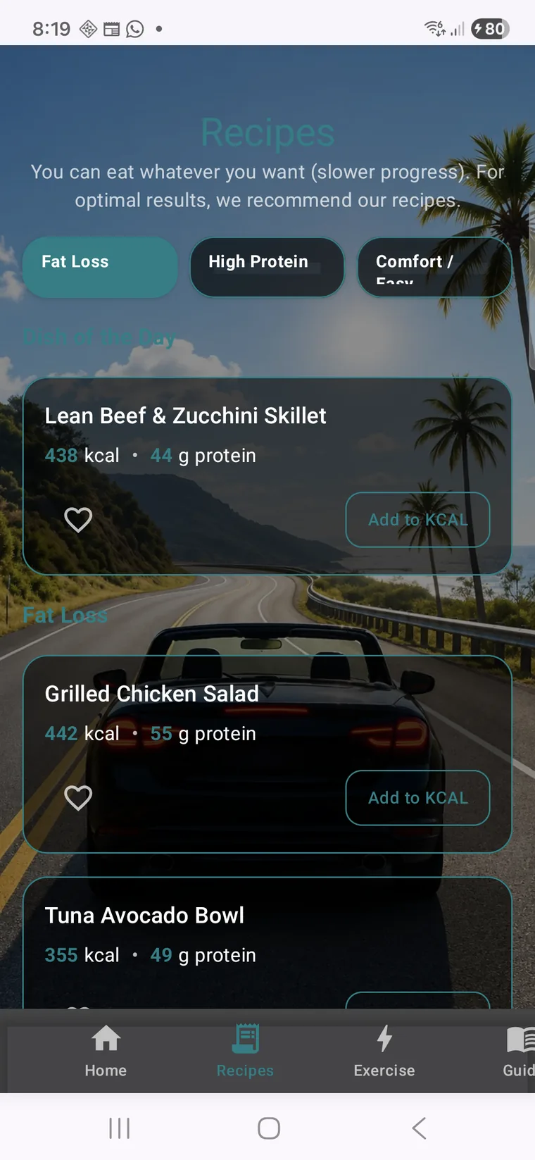 Knwit Events recipes screen on Samsung phone